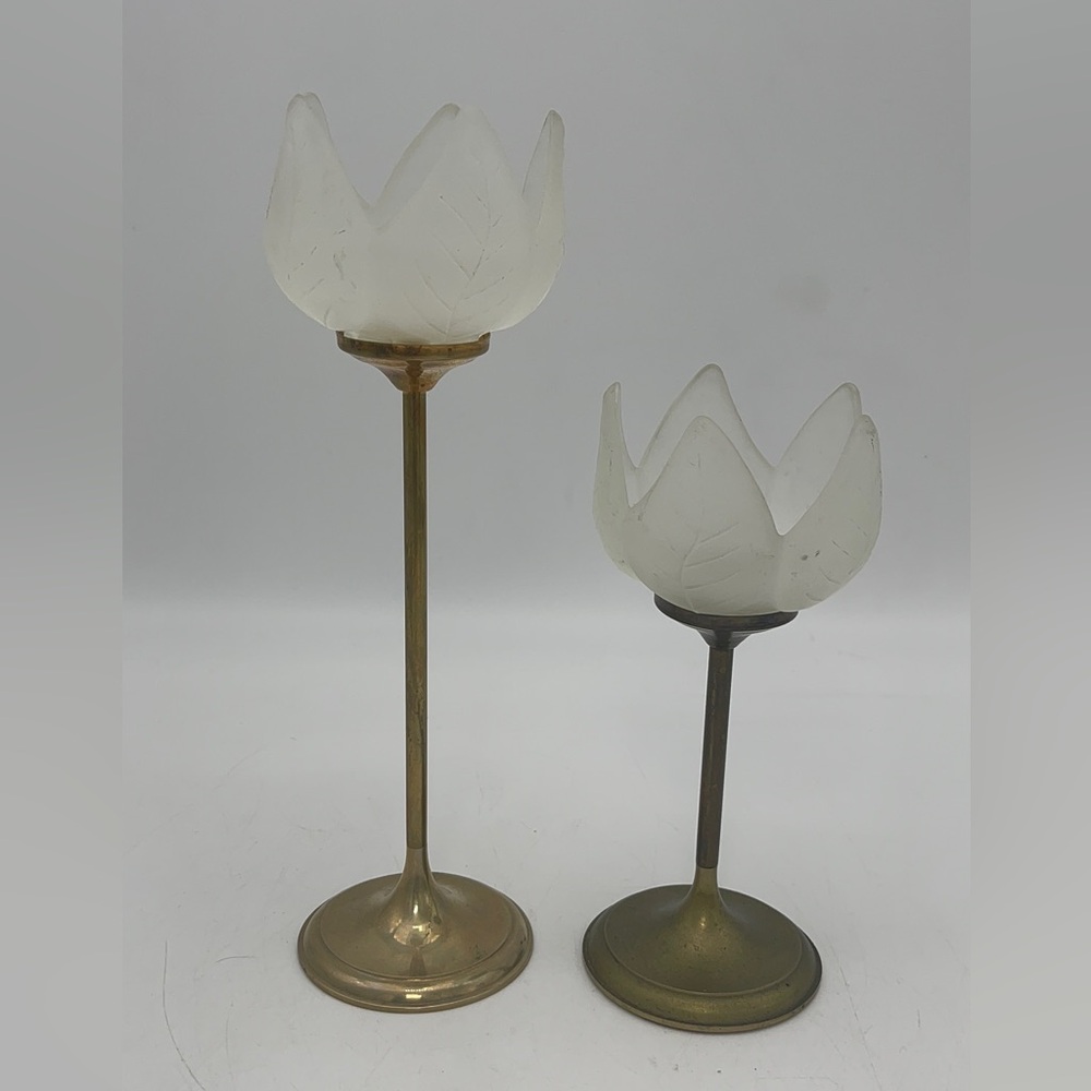 2x vintage Brass & Frosted Glass Art Nouveau Tulip Shaped Votive Candle Holders